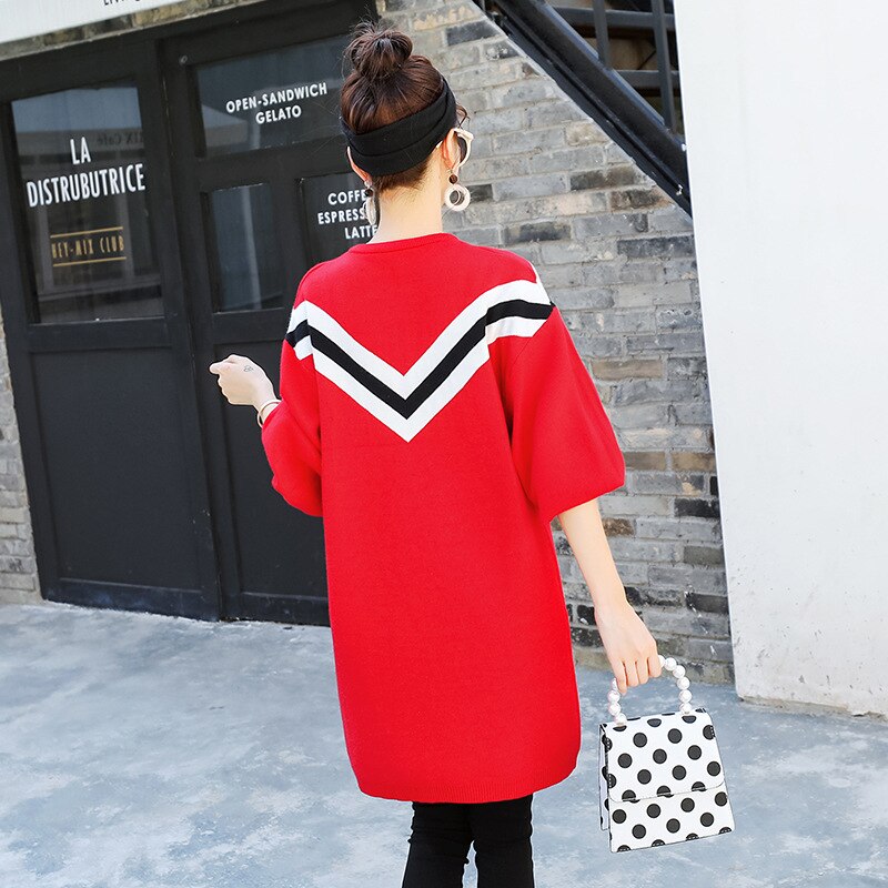 Barsel kvinder hætteløse o-hals lange pufærmer bluser moms loose fit bogstaver strikke pullover mellemlange sweatere