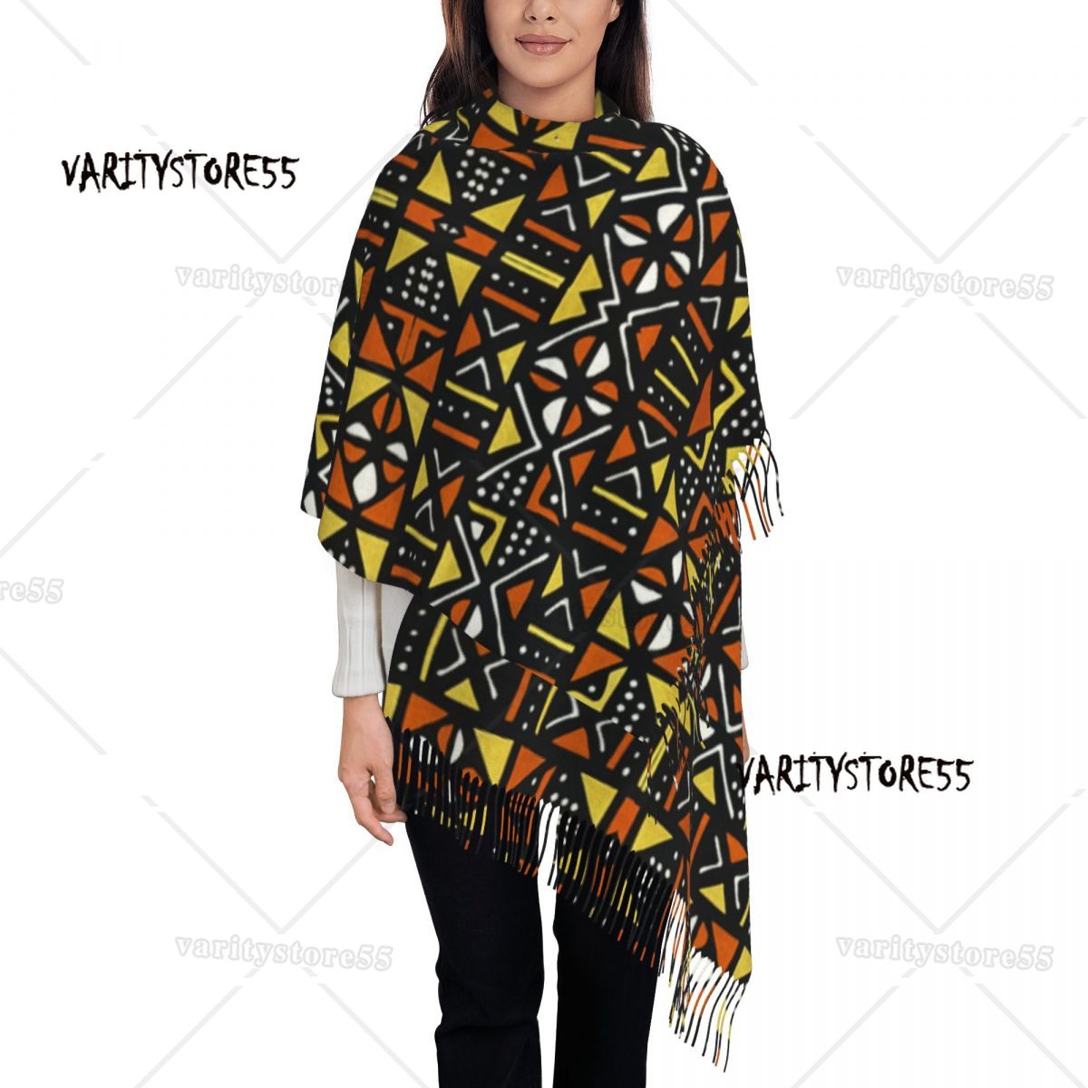 Écharpe Bogolan africaine imprimée personnalisée pour hommes et femmes, écharpe chaude d'hiver et d'automne, châle d'art ethnique Tribal africain: Black