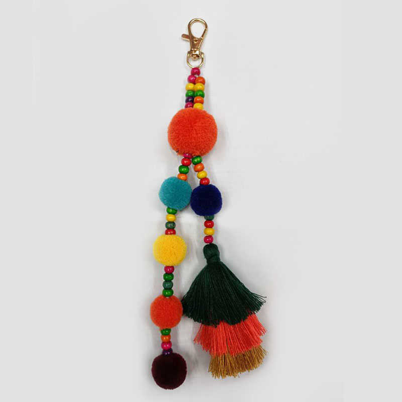1pc Boho Style Colorful Keychains Wooden Beads Pompom Keyring With Rainbow Tassel Jewelry For Summer Women