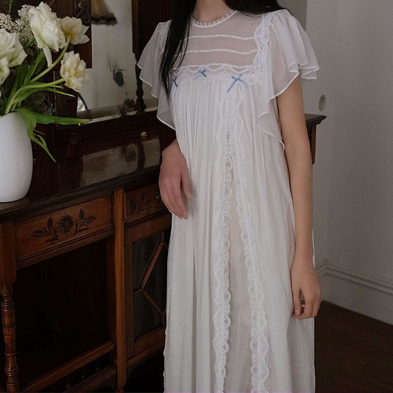 Viktorianischen Baumwolle Nacht Kleid Frauen Spitze Peignoir Romantische Jahrgang Lange Nachthemden Prinzessin Nachtwäsche Süße Nachthemd Startseite Tragen
