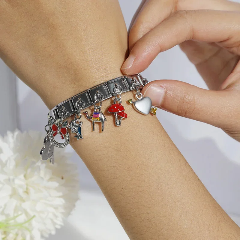 Hapiship Moda Cuore Occhio Fungo Camello Pantofole Fascino Collegamenti italiani Misura Bracciale in acciaio inossidabile da 9 mm Creazione di gioielli DJ164