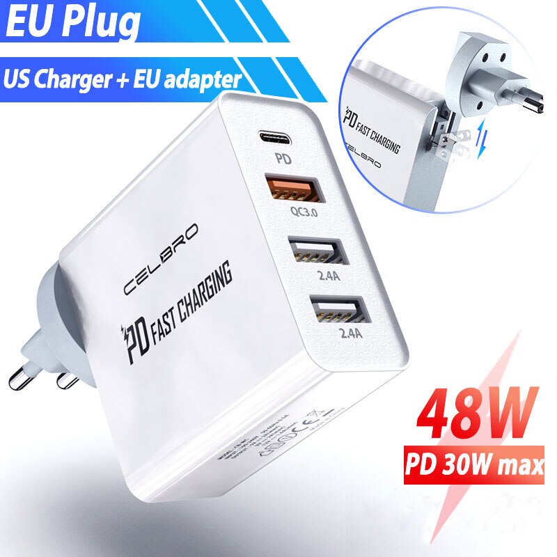 48W Multi Usb Pd Charger Quick Charge 3.0 Snelle Telefoon Oplader Voor Samsung Galaxy S20 Ultra Note 20 10 plus Iphone 12 Pro Laders: EU Charger