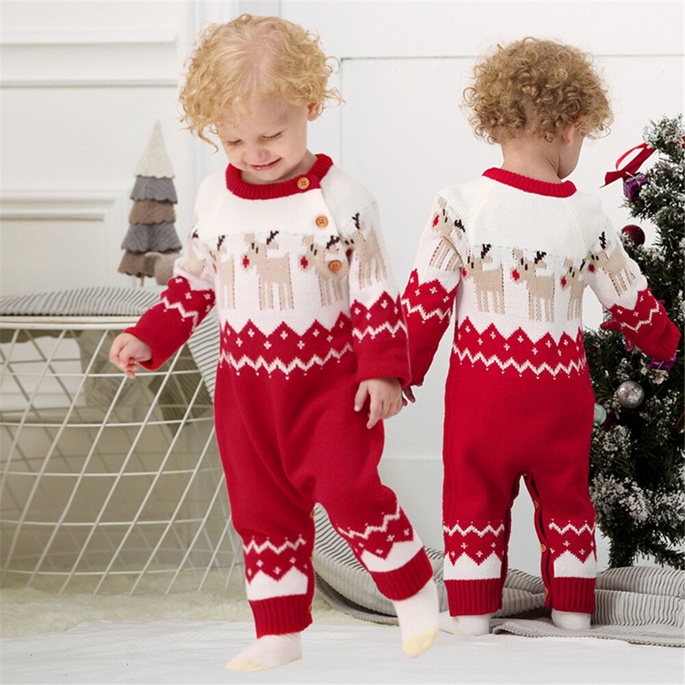 FOCUSNORM Infant Baby Girls Boys Christmas Romper Long Sleeve Elk Pattern Printed Knit Warm Jumpsuit