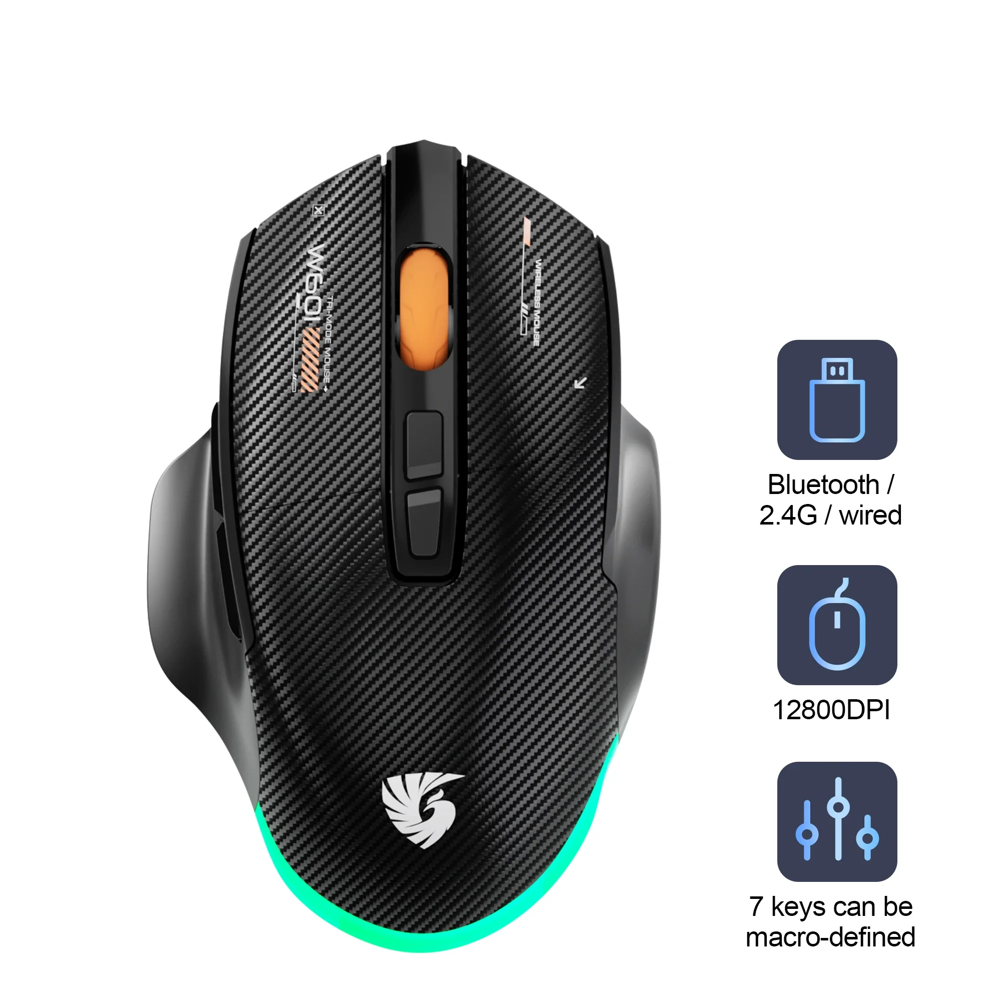 Wireless Gaming Mouse 12800 DPI 1000Hz Polling Bluetooth 2.4G Wired Triple Mode 7 Programmable Buttons RGB Ergonomic Esports PC: Default Title