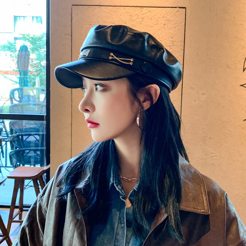 Black women&#39;s octagonal hat British retro pu leather leather hat beret