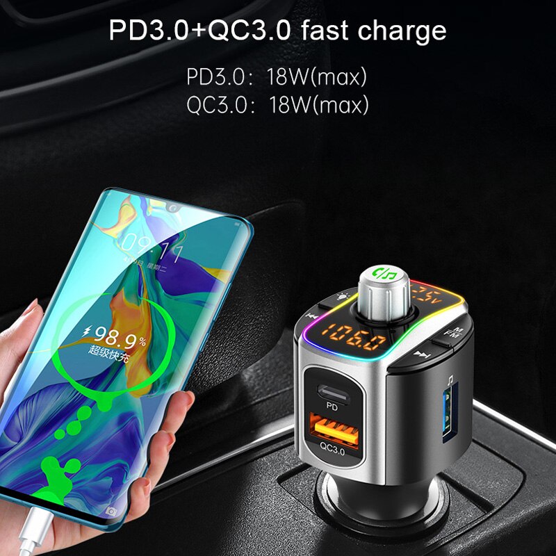 VR robot Car FM Transmitter Bluetooth 5.0 MP3 Audio Player QC3.0+PD Fast Charging Wireless Handsfree Car Kit with LED Backlit