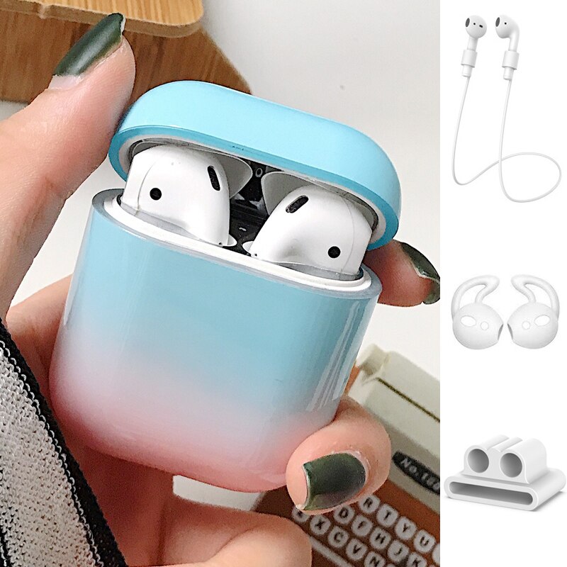 1/5PSC chiaro caso per caso sveglio di airpods Liscia gradiente della copertura per airpods 2 di tappo per orecchie Anti-perso rope copertura di caso di sport per airpods 2 caso: Set B Blue-Pink