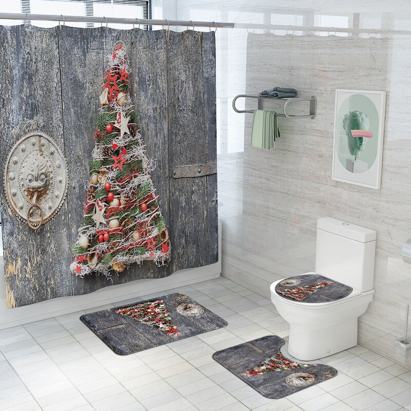 Merry Christmas Shower Curtain Set Bath Mats Rugs Christmas Tree Deer Anti Slip Pads Toilet Cover Bathroom Curtains with Hooks: A 4PCS