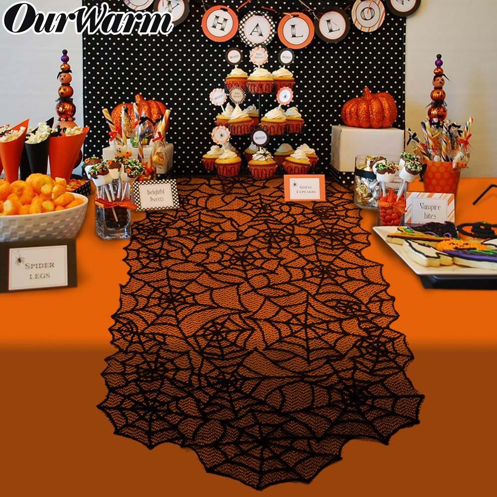OurWarm 20x80 inch Halloween Spiderweb Tafelloper Zwart Kant Polyester Tafelkleed voor Halloween Tafel Decoratie