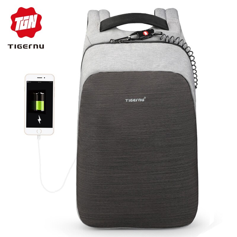 Tigernu anti diebstahl laptop rucksack usb lade 15,6 rucksäcke männer dünne wasserdicht schule rucksack tasche frauen männlichen mochila reise: Grey