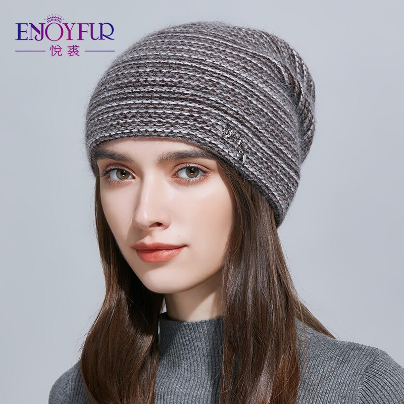 Enjoyfur gebreide wollen muts voor de winter dubbele laag dikke warme zachte damesmuts casual mutsen damesmutsen muts voor dames: 04