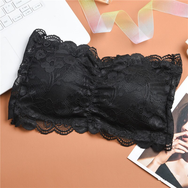 Sexy Bra Women's Strapless Bra Padded Bralette Underwear Floral Lace Bra Cropped Women Lingerie: Black