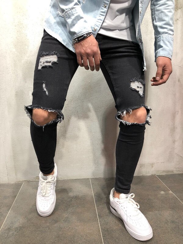 Jean déchiré au genou pour hommes, coupe haute extensible, pantalon de jogging bleu délavé, troué Hip-hop, motard: 2009 black / XXL