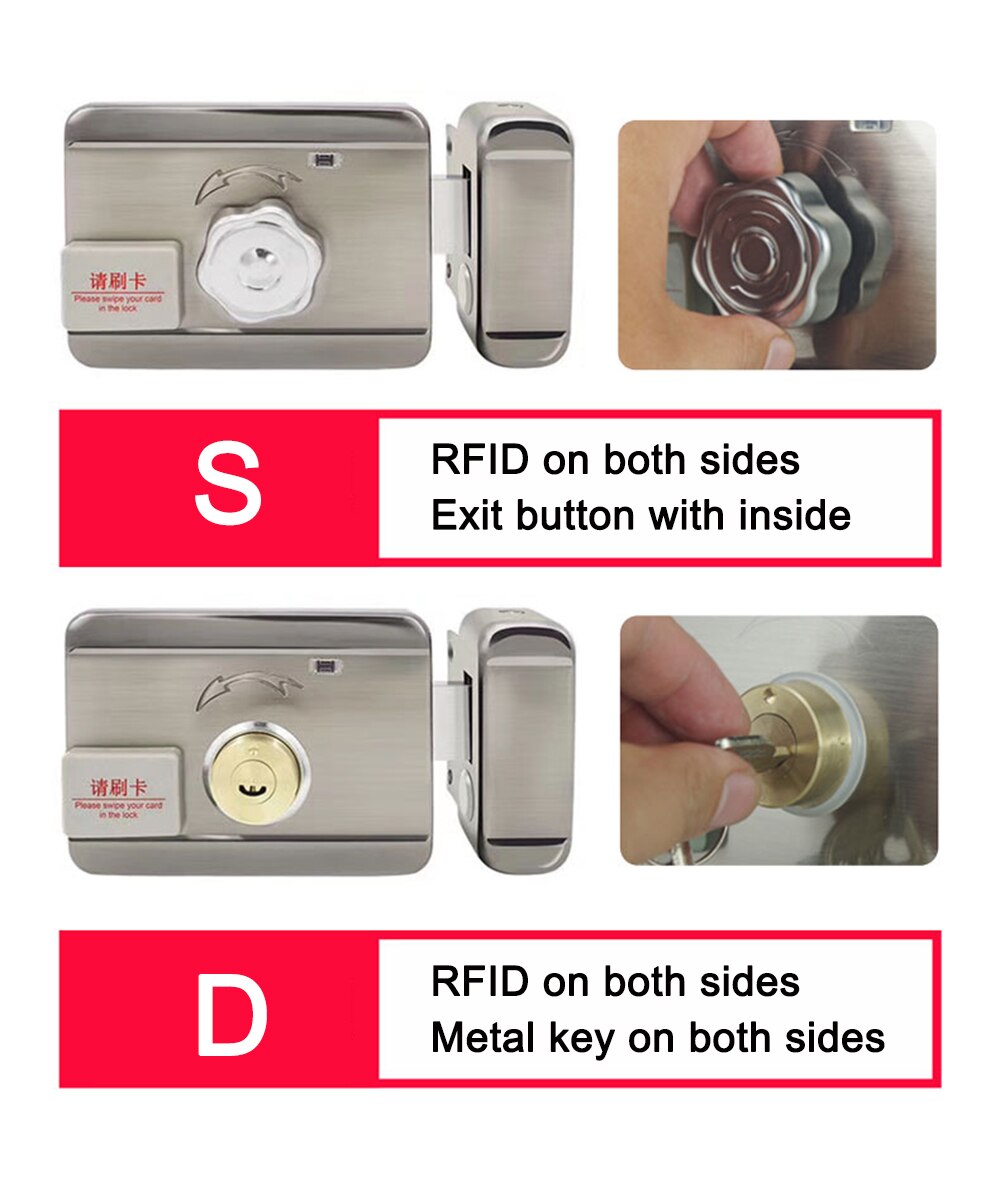 DC12V Electric RIM Lock for Metal Door Gate Electric Door Lock Opener 125KHZ RFID Card Lock Keyless Lock Electric Release