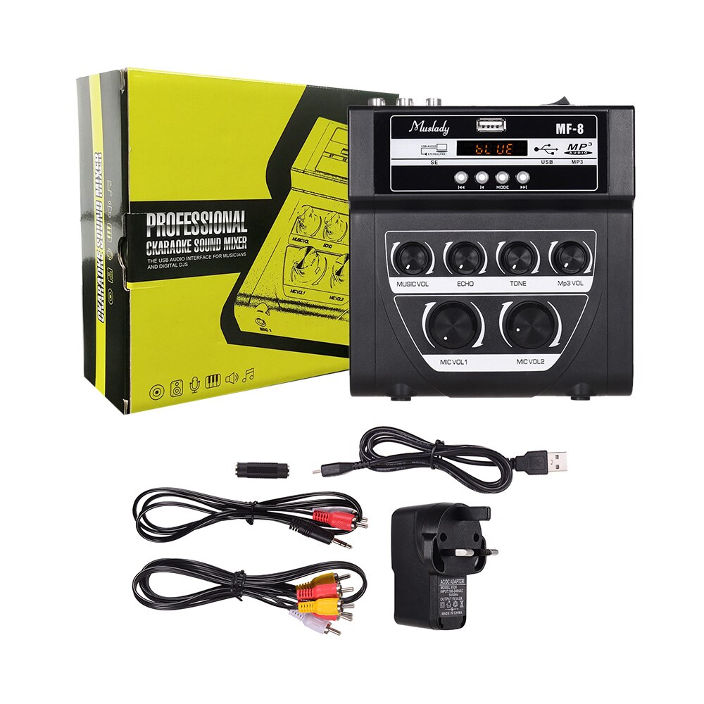 Muslady MF-8 Mini Karaoke Sound Mixer Stereo Echo Mixers Dual Microphone Inputs Support BT Recording MP3 for PC Amplifier: Black-UK