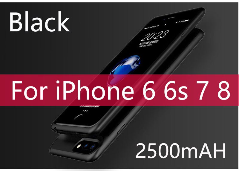 Coque chargeur de batterie externe Ultra Silm 5000mAh, étui pour iPhone 6 6s 7 8 7000mAh 6 6s 7 8 Plus: 2500mAh i6 7 8 Black