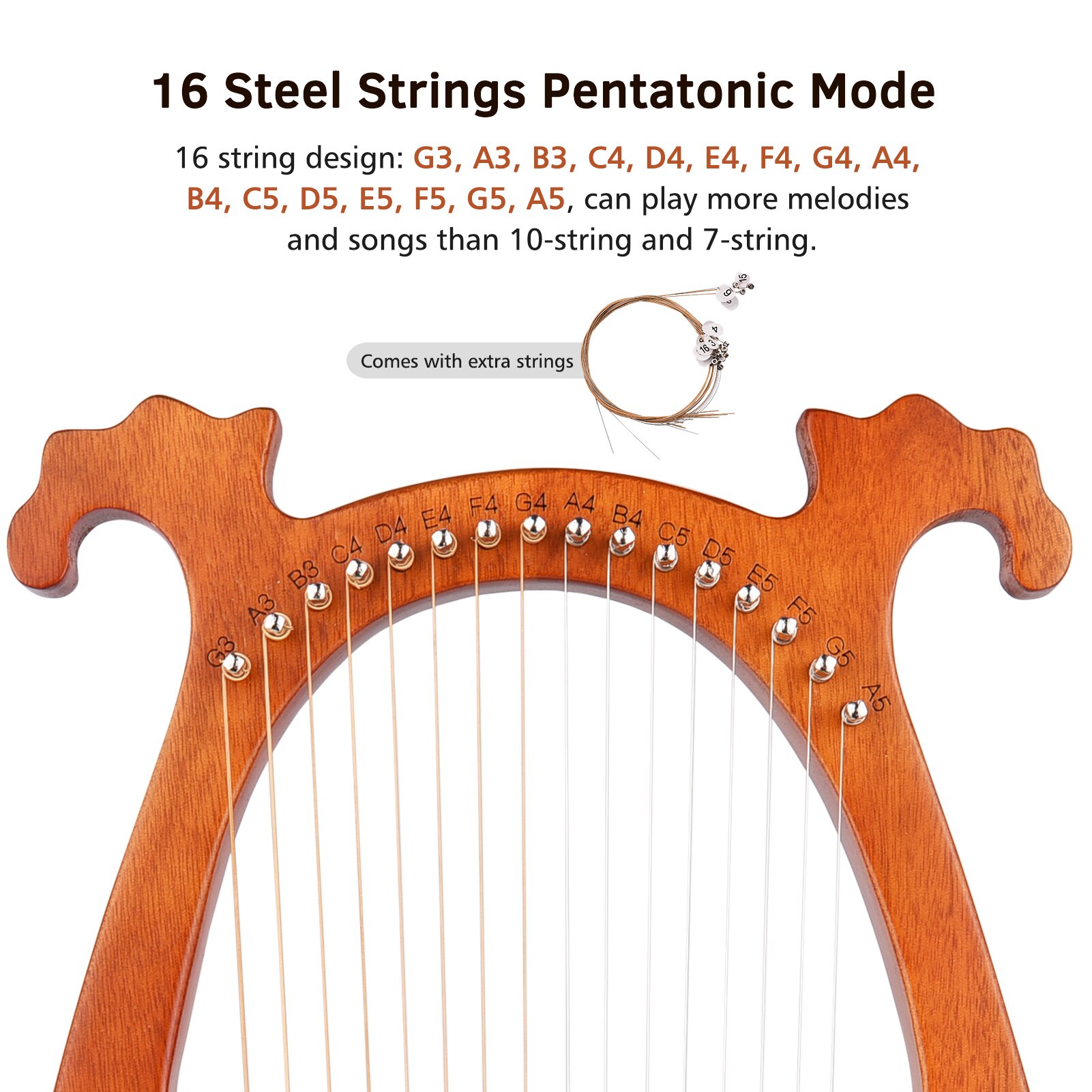 ammoon 16 String Lyre Harp Solid Wood String Instrument with Elk Pattern Storage Bag Tuning Hammer Strings Cleaning Cloth Picks