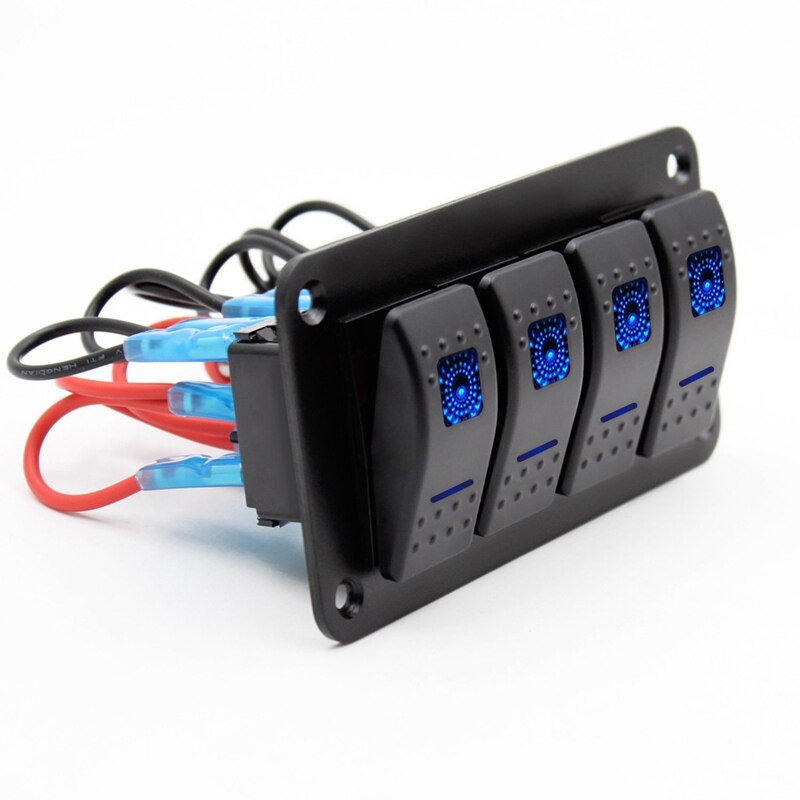 12V-24V 4 gang blue 2 LED Light Rocker Switch Panel Circuit Breaker Boat Marine Waterproof