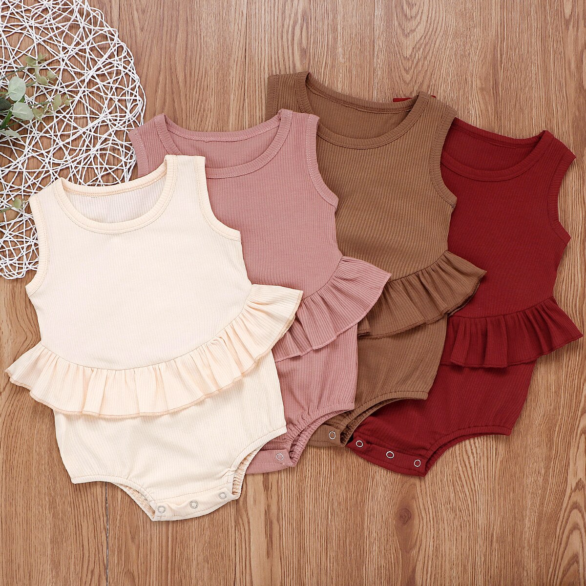 0-24M Peuter Baby Meisjes Jongens Bodysuits 4 Kleuren Solide Mouwloze Ruches Jumpsuits Kleding Outfits