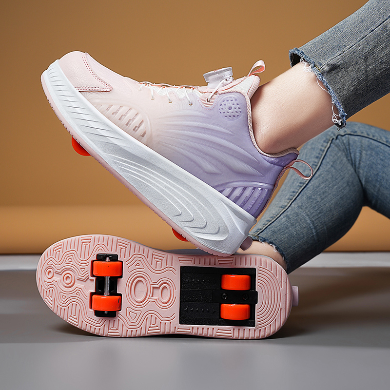 Patines de ruedas intermitentes para niños, zapatos con 2 ruedas, patín de velocidad para niños, zapatillas de deporte para niñas y niños, patines con ruedas extraíbles: Rosa / 20