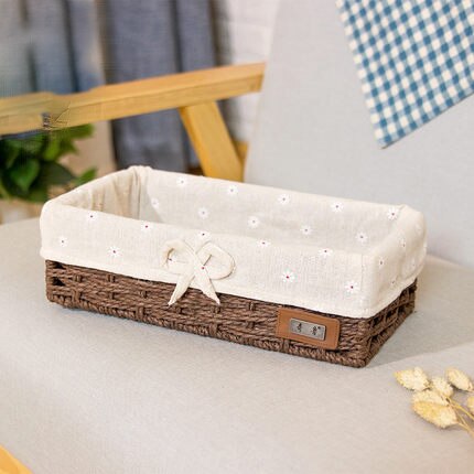 Panier de rangement en rotin avec paille, panier en tissu imitation boîte de rangement de bureau, boîte de rangement des clés tressée