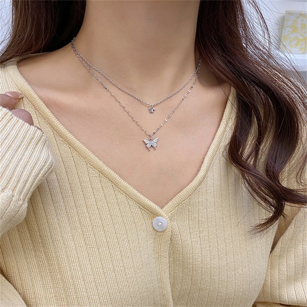 Shiny Butterfly Necklace Ladies Exquisite Double Layer Clavicle Chain Necklace Jewelry for Ladies