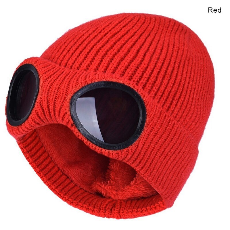Dihope winter warme gebreide mutsen unisex volwassen winddichte skimutsen met afneembare glazen dikke sport multifunctionele: Rood