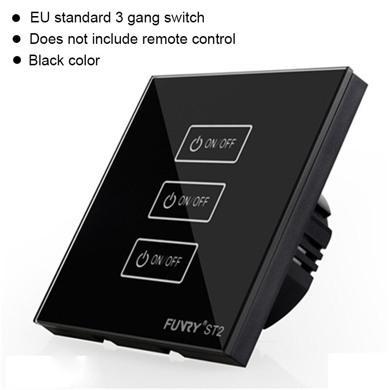 Original Funry ST2 3Gang EU Standard Touch Switch Lighting Luxury Tempered Glass Panel 170-240V 7-200W/gang 86*86*36mm: black switch
