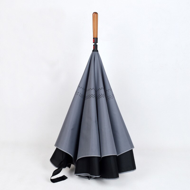 Parapluie inversé Double couche pour femme et homme, à poignée longue, coupe-vent: Gris foncé
