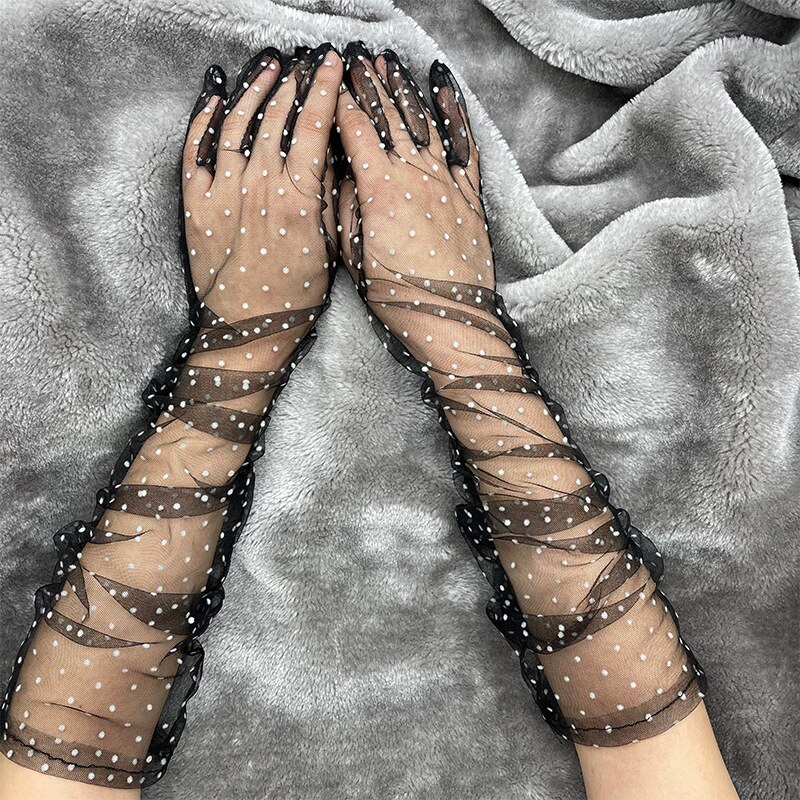 Gants en Tulle pour femmes, 1 paire, transparents, courts, imprimés à pois, noirs, blancs, en maille, pour soirée en Club, robe de danse,: G-60x8cm