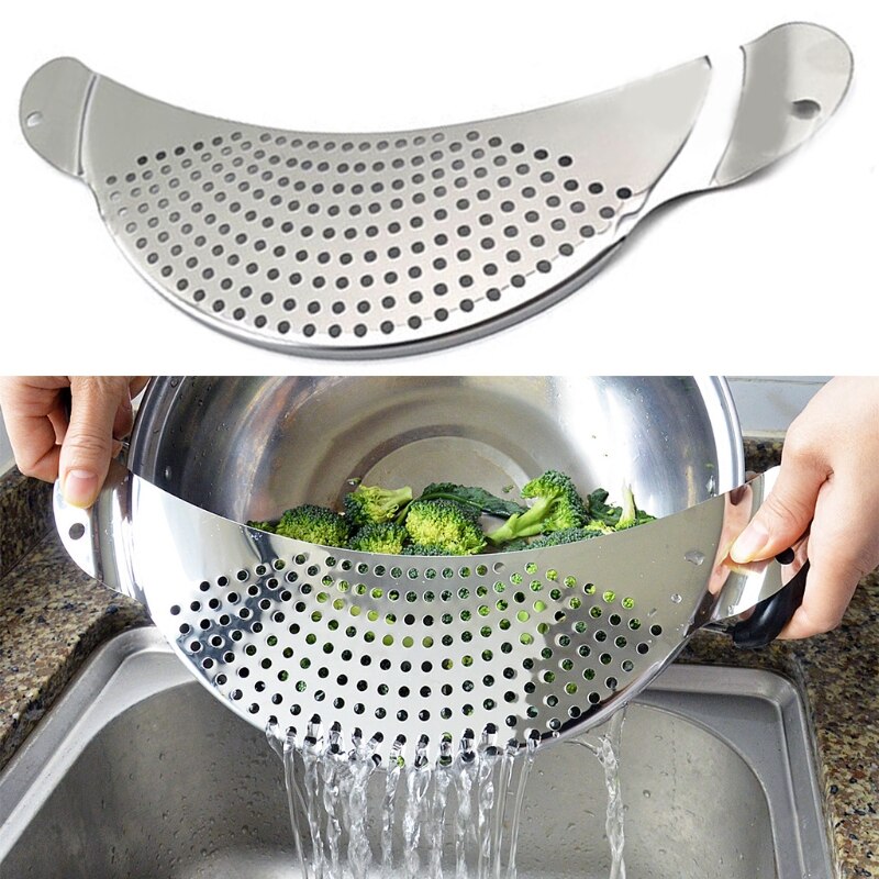 2 Pieces Stainless Steel Crescent Pot Strainer With Handle Recessed Hand Grips Suitable Wor Different Sizes 10 Inches