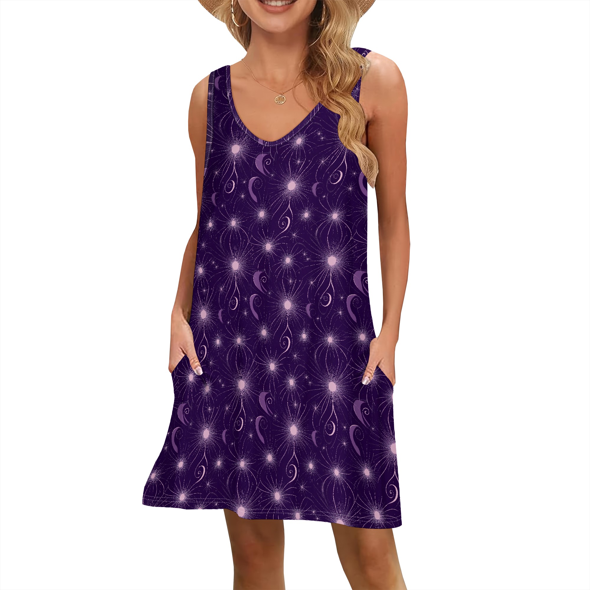 kosmisch sternenklar Himmel Kleid, ärmellos, lila Mondmuster, A-Linie, V-Ausschnitt, XS-2XL, mit Taschen für Feste und Ausgehen: XL / Türkis