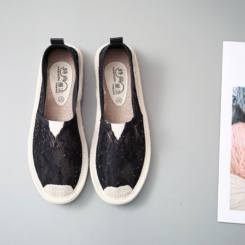 Letnie koronkowe płaskie buty damskie zwykły rybak mieszkania damskie dziurawy oddychająca siatka powietrzna lekkie miękkie cekiny wkładane mokasyny nowe: czarny / 40