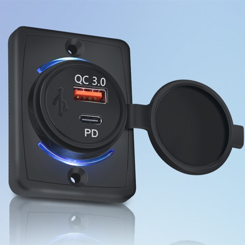 12V-24V USB C &amp; USB Dual Port PD &amp; QC 3.0 Car Charger Socket Power Outlet Charging Adapter for Car, Boat, Marine