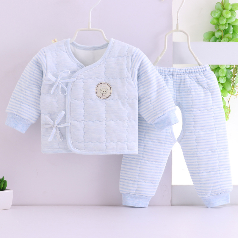Efterår vinter tykkere bomuld baby tøj lang varm nyfødt tøj drenge piger undertøj 0-5 måneder børn sæt pyjamas nattøj: Åben skridtblåt / 0 to 2 måneder