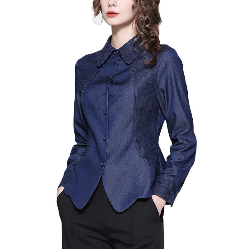 Women Long Sleeve Blue Denim Shirt Spring Vintage Embroidered Tops Pointed Collar Casual Button-down Blouses: 4XL