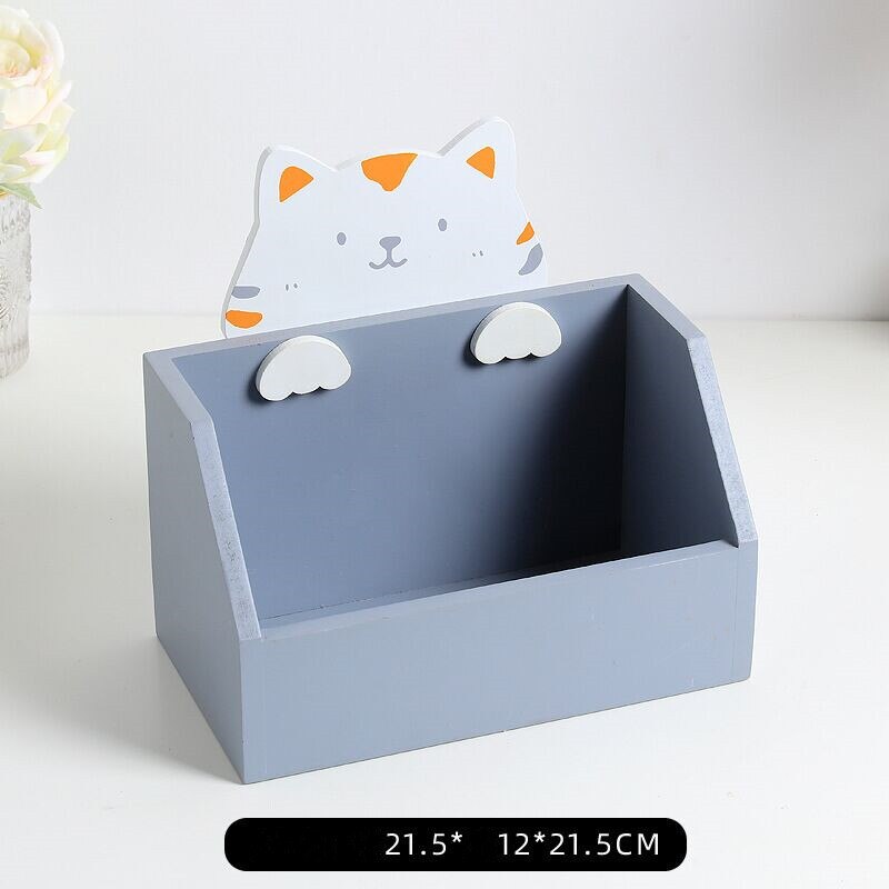 MINKYS Cute Cat Large Capacity Wood Desktop Organizer Pen Holder Desk Storage Box School Office Stationery: grey B