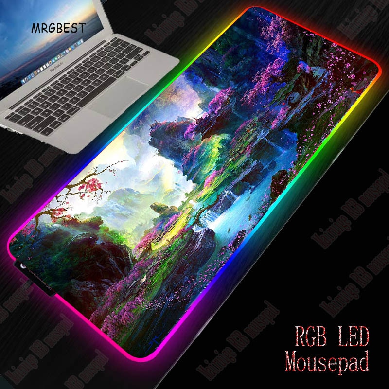 MRGBEST Flower Forest Landscape RGB Large Gaming Mouse Pad Gamer Led Computer Mousepad Big with Backlight for Keyboard Desk Mat