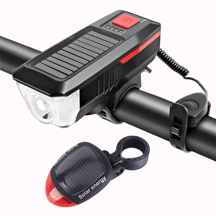 NEWBOLER 350 Lumen Solar Fahrrad Licht Vorne USB Aufladbare LED Fahrrad Lichter Glocke Wasserdicht Radfahren Lampe Scheinwerfer Rücklicht Set: Red Set