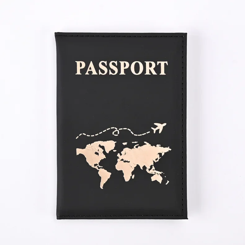 Funda dorada para pasaporte de viaje para hombre y mujer, funda de cuero PU con mapa de billetes, fundas para pasaporte, accesorios protectores para pasaporte: Negro