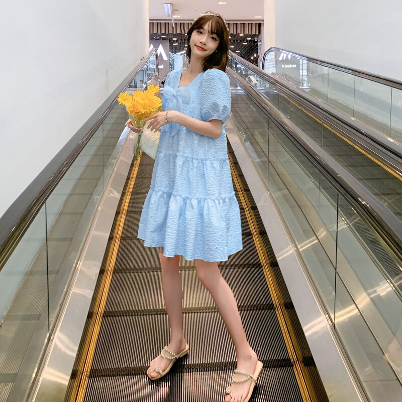 Vestido de estilo francés para mujer embarazada, ropa de maternidad con manga Hubble, Burbuja, cuello en V, Princesa de hadas, lazo, vestido de baile