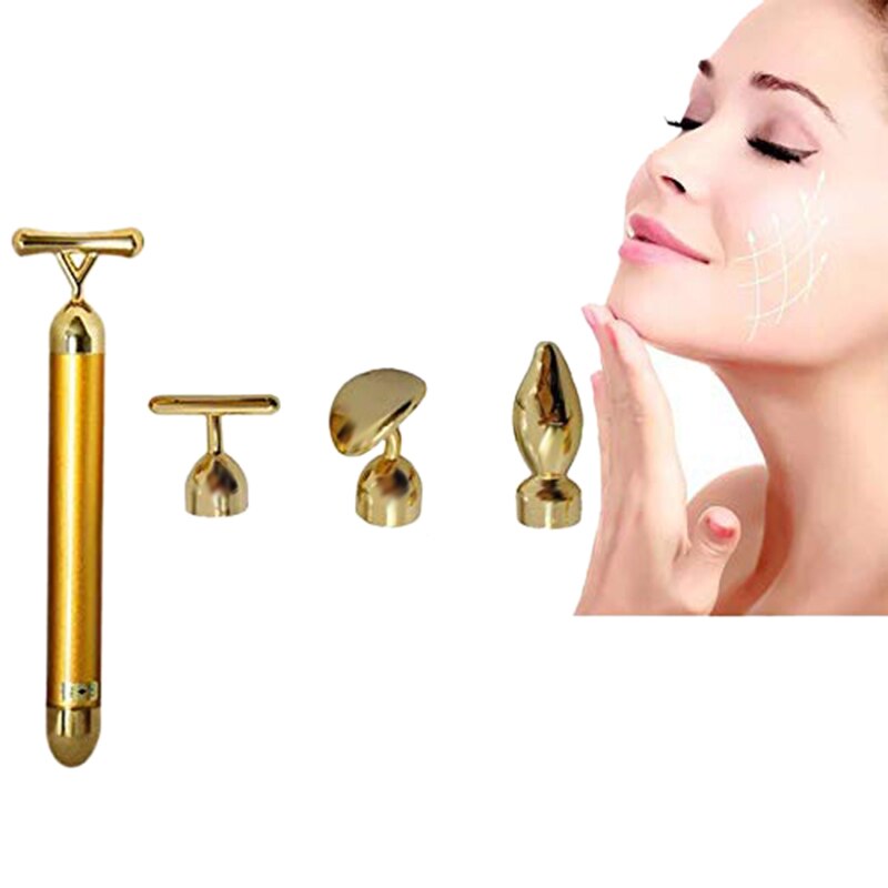 4 in 1 Combination Set Beauty Bar 24K Golden Pulse Facial Massager, T-Shape Electric Sign Face Massage Tools for Sensitive Skin