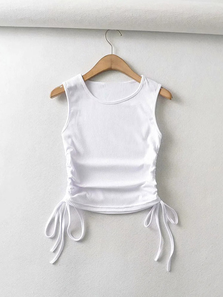 Sommer kvinder ensfarvet sexet afslappet crop top med streng på begge sider til damer: S / Beige