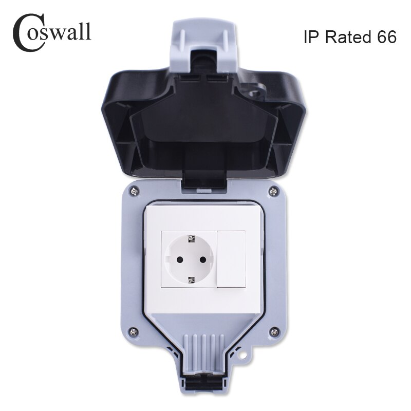 Coswall IP66 Waterproof Outdoor BOX EU Standard Wall Socket With 1 Gang Switch / Female TV Jack / CAT6 RJ45 Data Internet Outlet: Socket With Switch