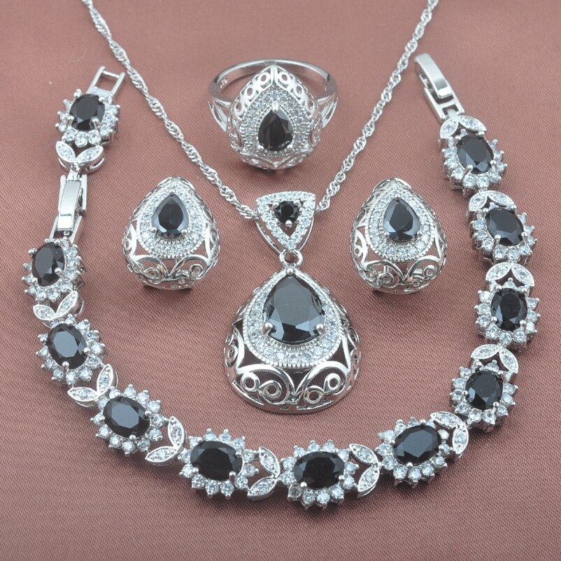 Fasjion Zwart Zirconia Zilveren Kleur Sieraden Set Voor Vrouwen Oorbel Ketting Hanger Ringen Armband YZ0212
