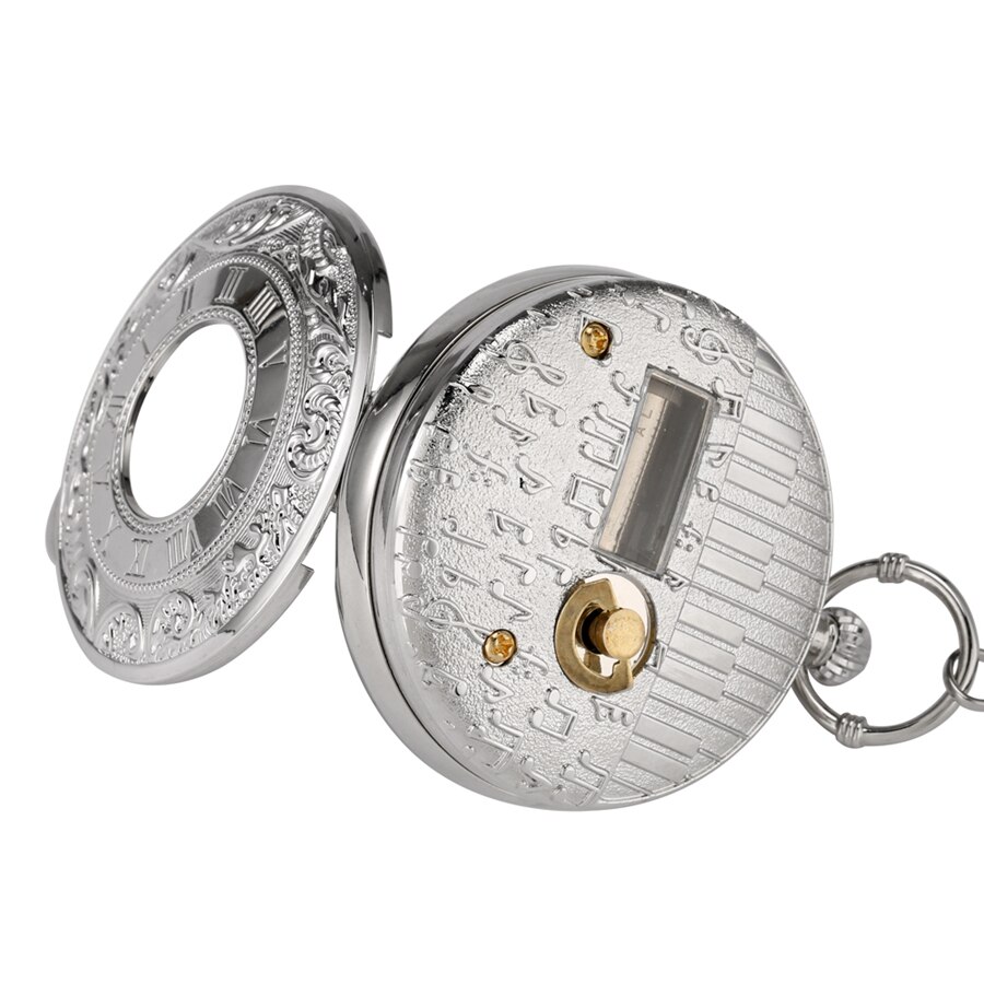 Reloj de bolsillo con movimiento Musical de plata de lujo, pulsera de mano de cuarzo con manivela para reproducir música, Fob, cadena colgante, de Año