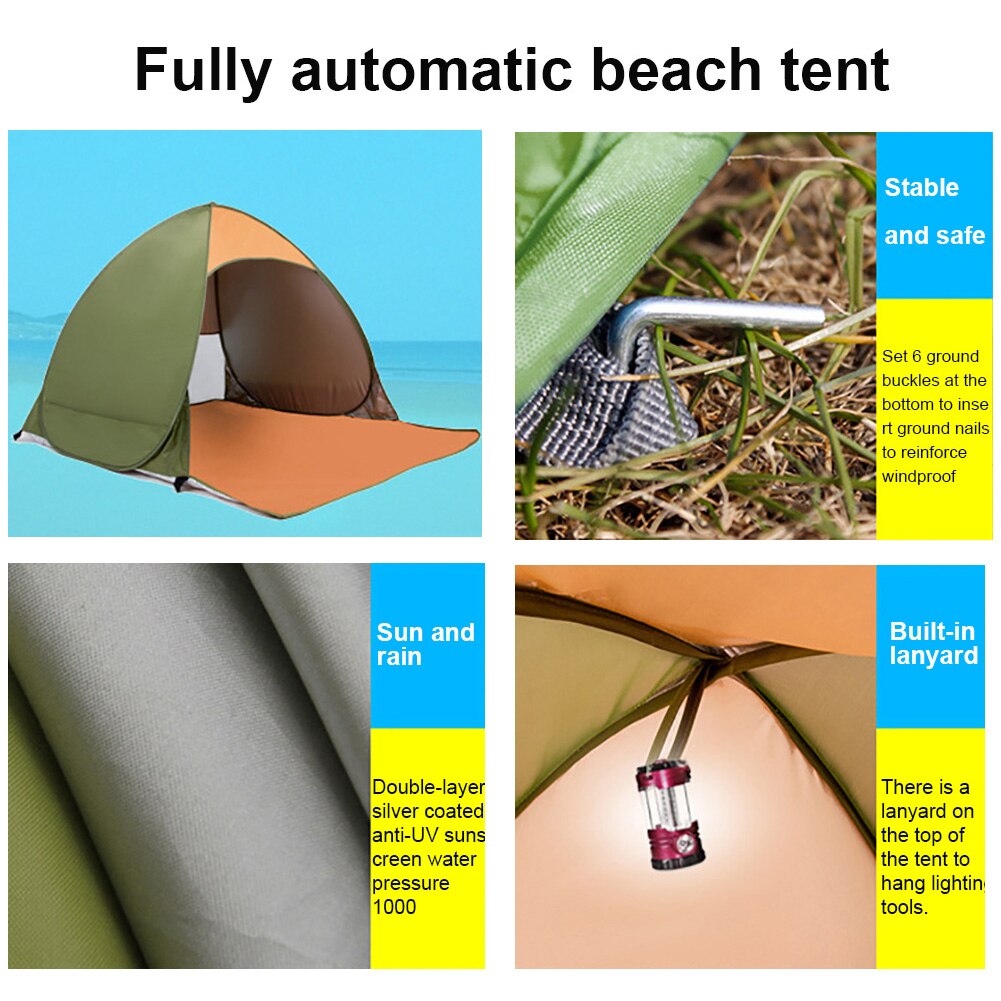 Tenda da spiaggia per 2 persone ad apertura rapida tenda da campeggio Anti UV escursionismo tenda da viaggio