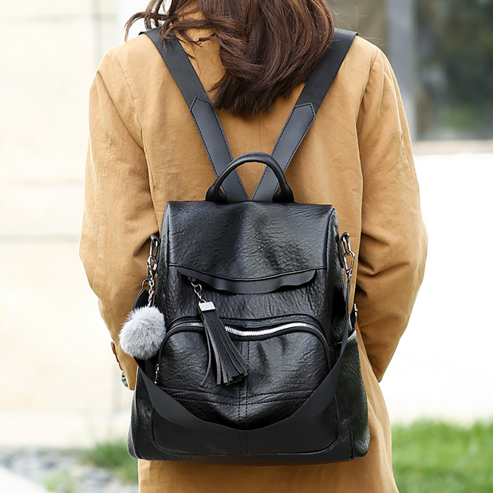 Femmes Anti-vol sac à dos marée en cuir sauvage multi-fonction sac à bandoulière femmes en cuir sacs à dos Vintage femme sac à bandoulière: Black 