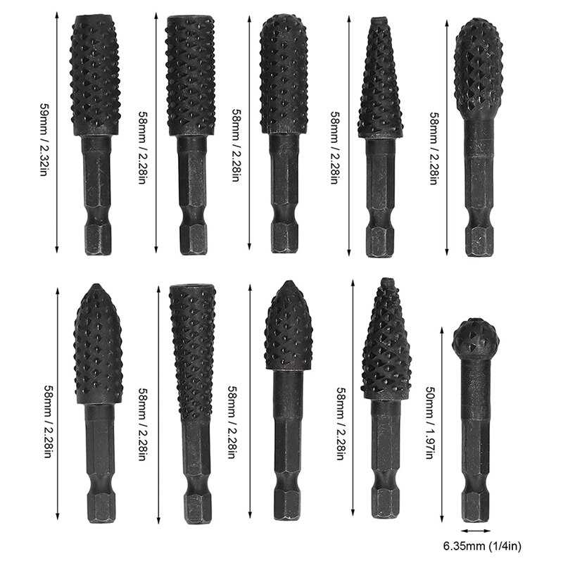 10Pcs Woodworking Grinding Drill 1/4in Hex Shank Engraving File Rotary Burr Drill Bits Set
