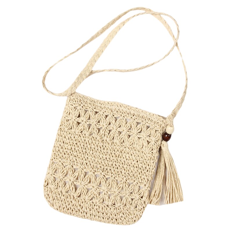 Hohle damen-umhängetasche mit quasten, gewebte schultertasche, crossbody-tasche, lässige strandtasche aus stroh für damen, bolsa feminina: Beige